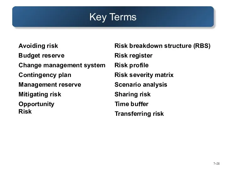 7– Key Terms Avoiding risk Budget reserve Change management system Contingency