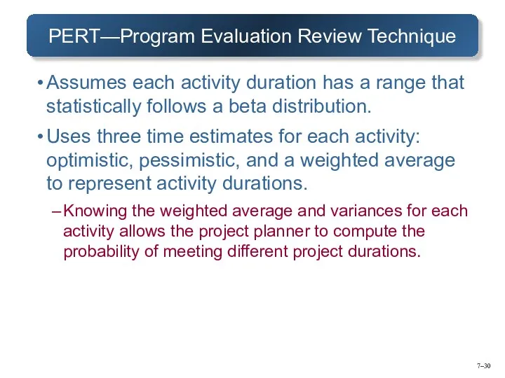 7– PERT—Program Evaluation Review Technique Assumes each activity duration has a