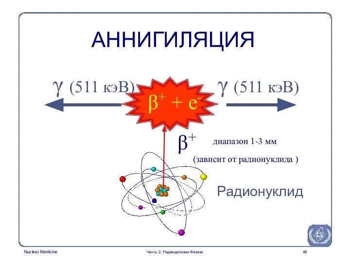 АННИГИЛЯЦИЯ β+ + e- γ (511 кэВ) γ (511 кэВ) β+