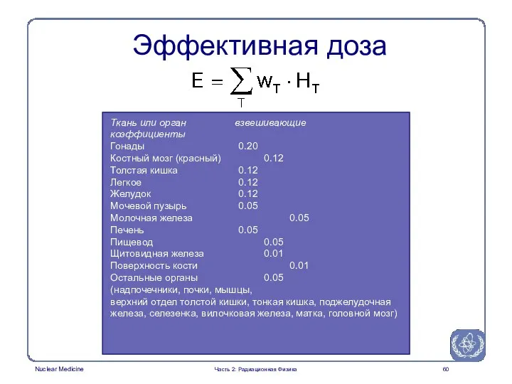 Эффективная доза Ткань или орган взвешивающие коэффициенты Гонады 0.20 Костный мозг