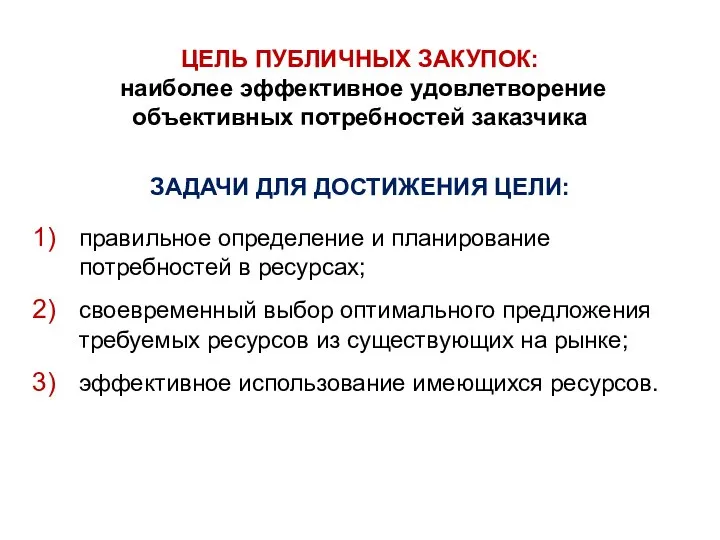 ЦЕЛЬ ПУБЛИЧНЫХ ЗАКУПОК: наиболее эффективное удовлетворение объективных потребностей заказчика ЗАДАЧИ ДЛЯ