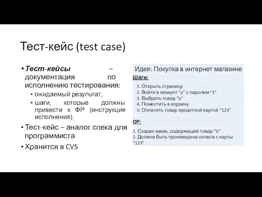 Тест-кейс (test case) Тест-кейсы – документация по исполнению тестирования: ожидаемый результат,