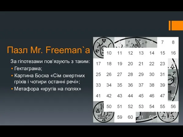 Пазл Mr. Freeman`a За гіпотезами пов’язують з таким: Гектаграма; Картина Босха