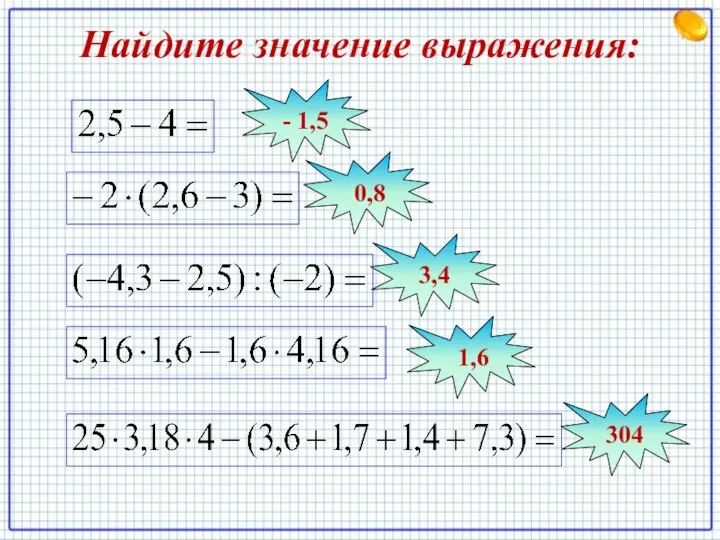 Найдите значение выражения: - 1,5 0,8 3,4 1,6 304