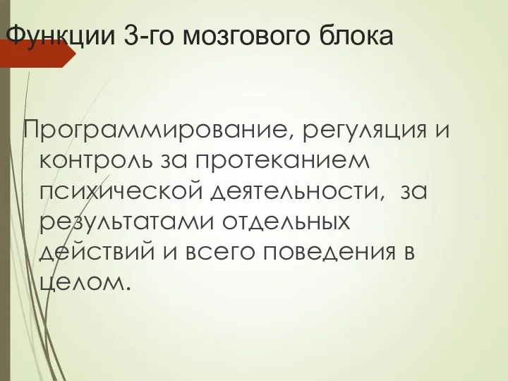 Функции 3-го мозгового блока Программирование, регуляция и контроль за протеканием психической