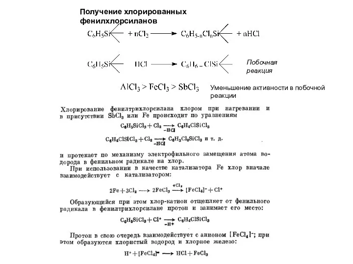 Получение хлорированных фенилхлорсиланов Побочная реакция Уменьшение активности в побочной реакции