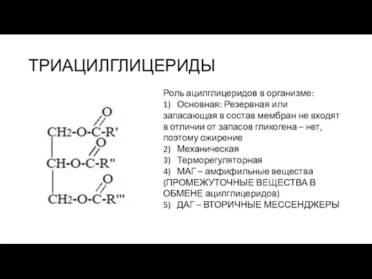 ТРИАЦИЛГЛИЦЕРИДЫ Роль ацилглицеридов в организме: 1) Основная: Резервная или запасающая в