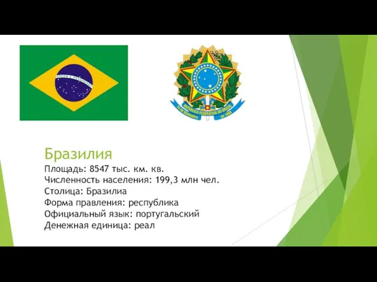 Бразилия Площадь: 8547 тыс. км. кв. Численность населения: 199,3 млн чел.