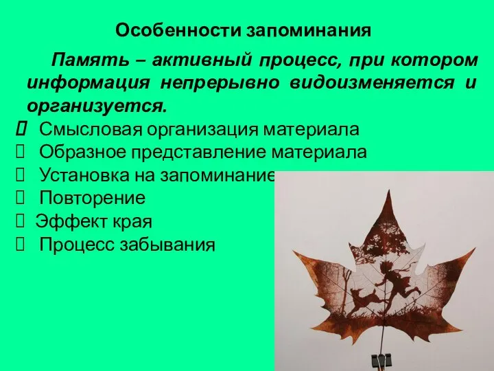 Особенности запоминания Память – активный процесс, при котором информация непрерывно видоизменяется