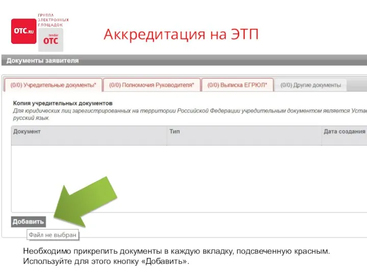Аккредитация на ЭТП Необходимо прикрепить документы в каждую вкладку, подсвеченную красным. Используйте для этого кнопку «Добавить».