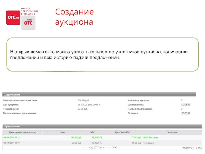 Создание аукциона В открывшемся окне можно увидеть количество участников аукциона, количество