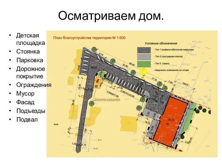 Осматриваем дом. Детская площадка Стоянка Парковка Дорожное покрытие Ограждения Мусор Фасад Подъезды Подвал