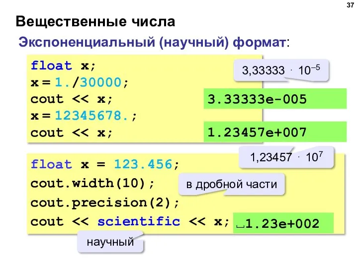 Вещественные числа Экспоненциальный (научный) формат: float x; x = 1./30000; cout