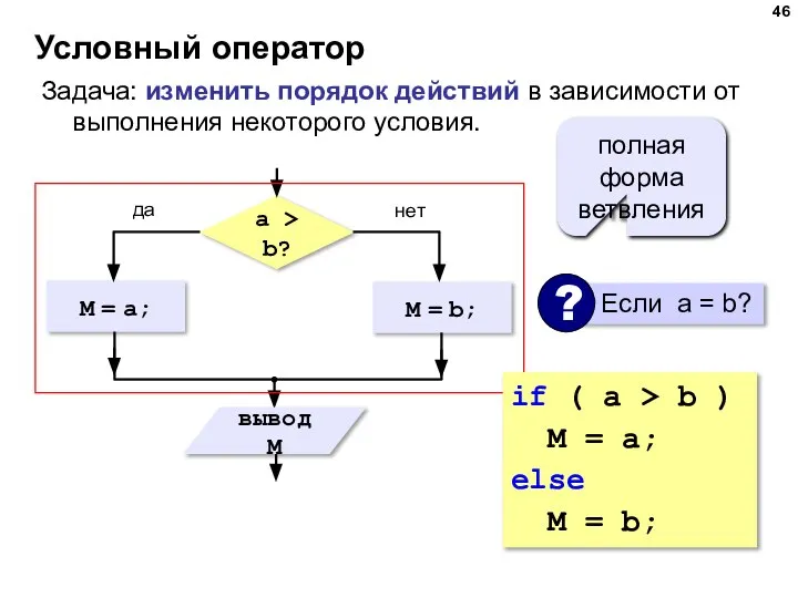 Условный оператор Задача: изменить порядок действий в зависимости от выполнения некоторого