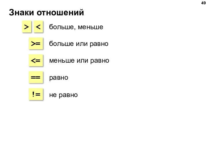 Знаки отношений > >= == != больше, меньше больше или равно