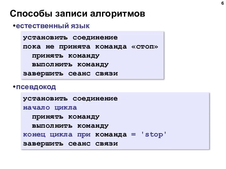 Способы записи алгоритмов естественный язык псевдокод установить соединение пока не принята