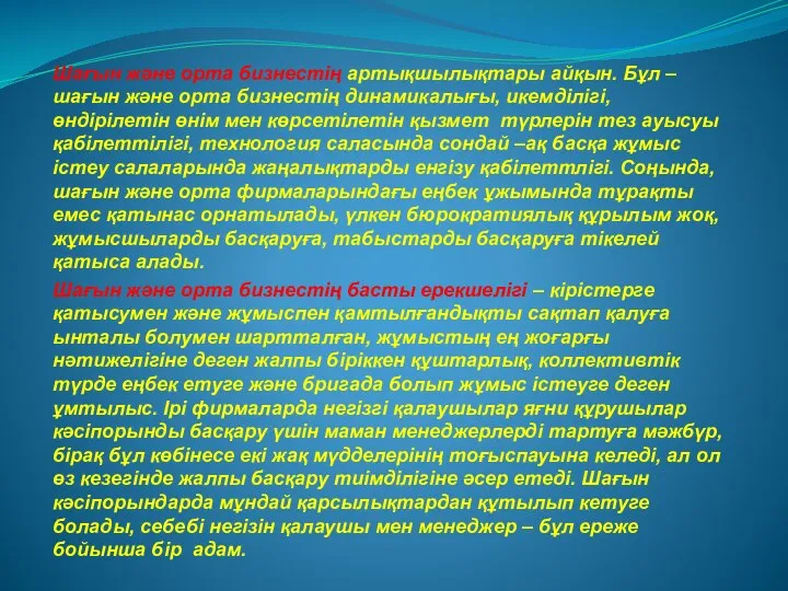 Шағын және орта бизнестің артықшылықтары айқын. Бұл – шағын және орта