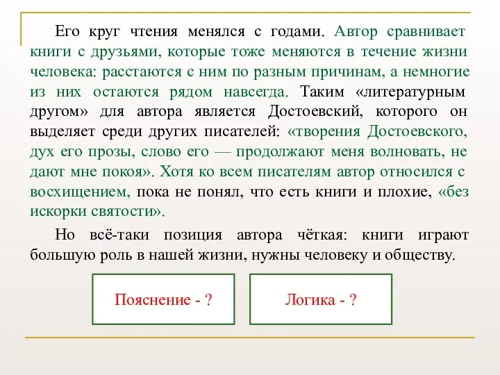 Его круг чтения менялся с годами. Автор сравнивает книги с друзьями,