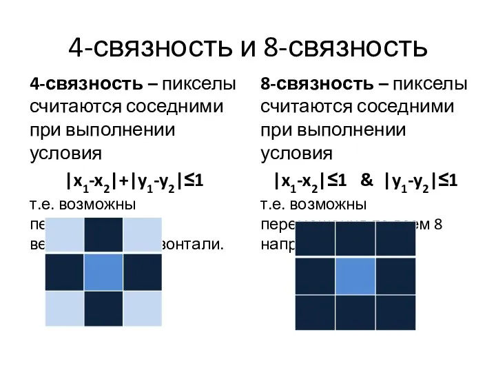 4-связность и 8-связность 4-связность – пикселы считаются соседними при выполнении условия