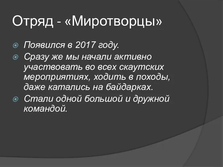 Отряд - «Миротворцы» Появился в 2017 году. Сразу же мы начали