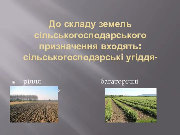 До складу земель сільськогосподарського призначення входять: сільськогосподарські угіддя- рілля багаторічні насадження