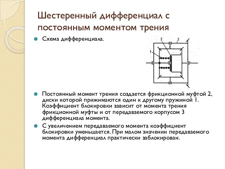 Шестеренный дифференциал с постоянным моментом трения Схема дифференциала. Постоянный момент трения