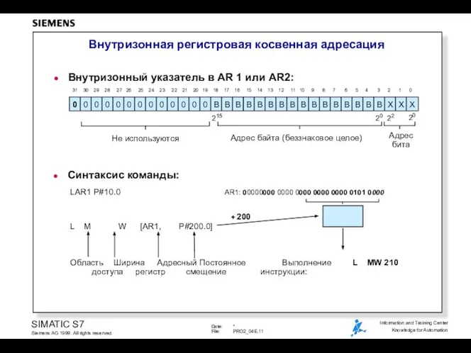 Внутризонная регистровая косвенная адресация LAR1 P#10.0 AR1: 00000000 0000 0000 0000