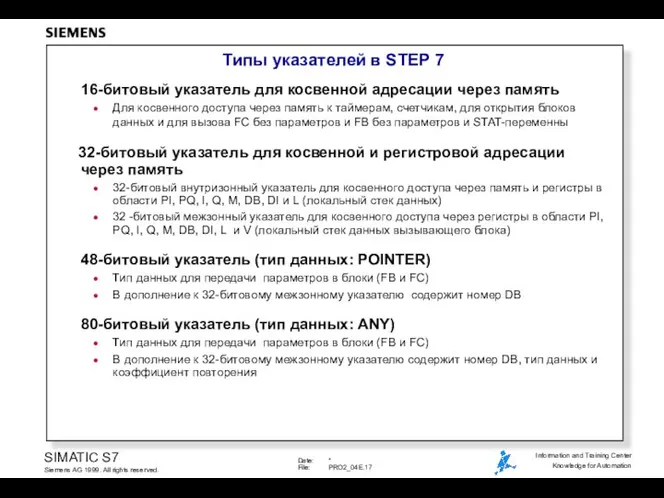 Типы указателей в STEP 7 16-битовый указатель для косвенной адресации через