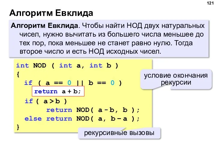 Алгоритм Евклида Алгоритм Евклида. Чтобы найти НОД двух натуральных чисел, нужно