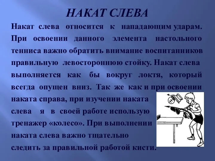 НАКАТ СЛЕВА Накат слева относится к нападающим ударам. При освоении данного