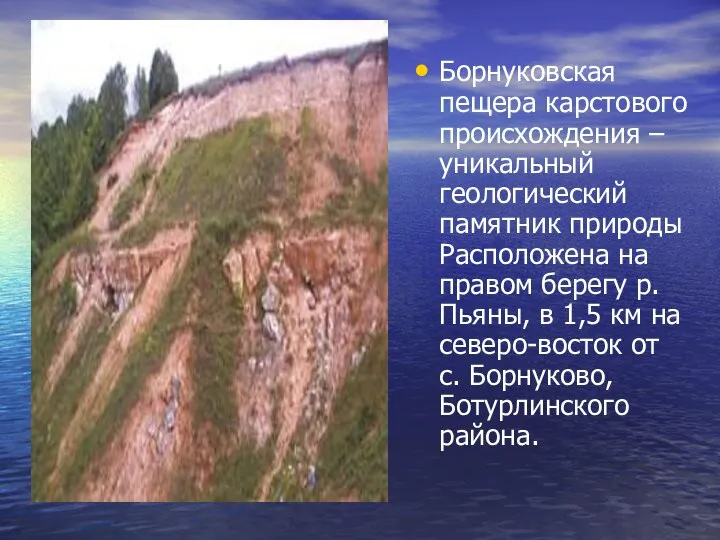 Борнуковская пещера карстового происхождения – уникальный геологический памятник природы Расположена на