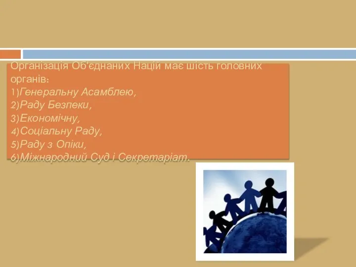 Організація Об'єднаних Націй має шість головних органів: 1)Ге­неральну Асамблею, 2)Раду Безпеки,