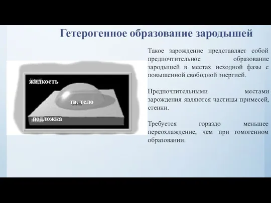 Гетерогенное образование зародышей Такое зарождение представляет собой предпочтительное образование зародышей в