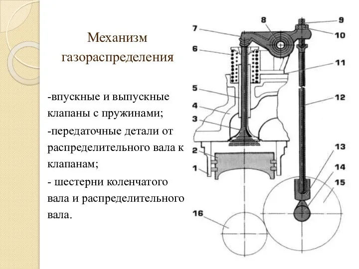 Механизм газораспределения -впускные и выпускные клапаны с пружинами; -передаточные детали от