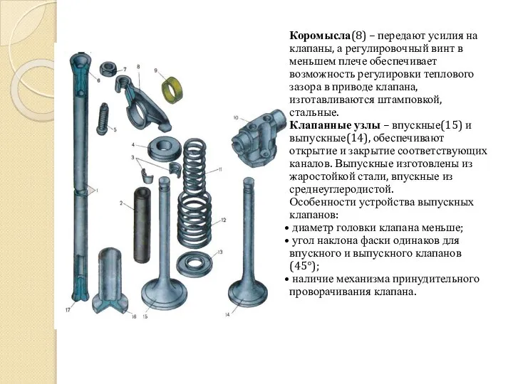 Коромысла(8) – передают усилия на клапаны, а регулировочный винт в меньшем