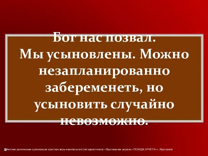 Бог нас позвал. Мы усыновлены. Можно незапланированно забеременеть, но усыновить случайно невозможно.