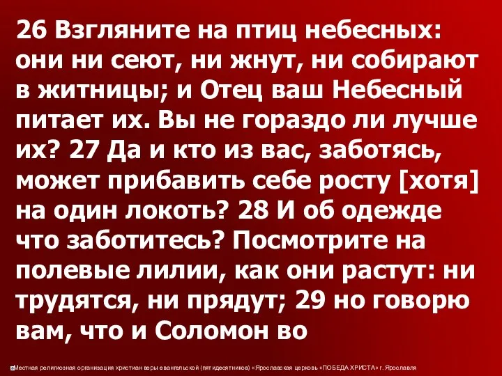 26 Взгляните на птиц небесных: они ни сеют, ни жнут, ни