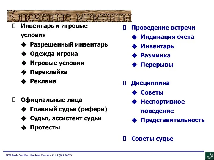 Ключевые моменты Инвентарь и игровые условия Разрешенный инвентарь Одежда игрока Игровые