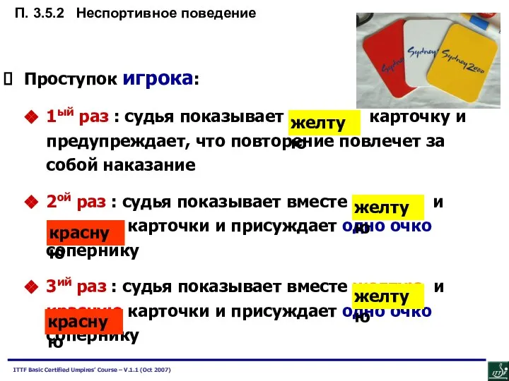 Проступок игрока: 1ый раз : судья показывает желтую карточку и предупреждает,