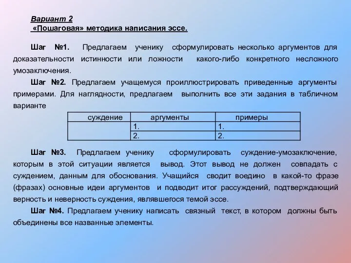 Вариант 2 «Пошаговая» методика написания эссе. Шаг №1. Предлагаем ученику сформулировать