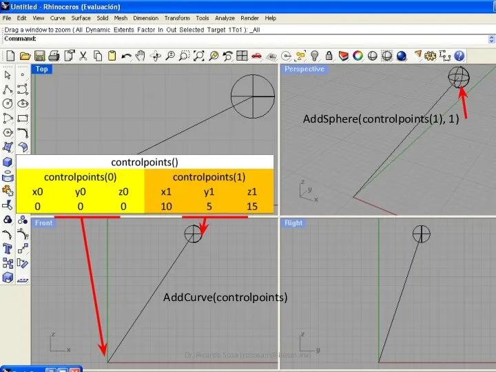 AddSphere(controlpoints(1), 1) AddCurve(controlpoints) Dr. Ricardo Sosa (rdsosam@itesm.mx)