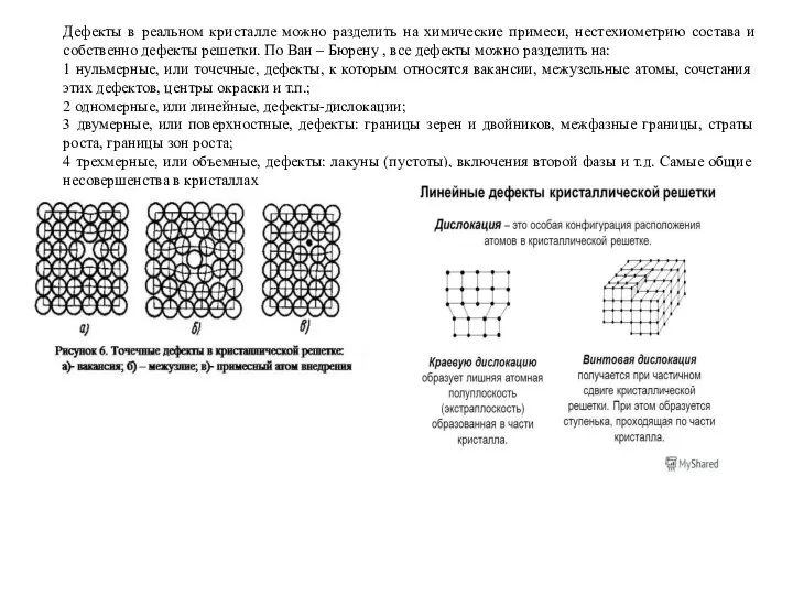 Дефекты в реальном кристалле можно разделить на химические примеси, нестехиометрию состава