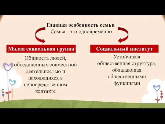 Главная особенность семьи Семья - это одновременно Малая социальная группа Социальный