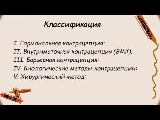 Классификация I. Гормональная контрацепция: II. Внутриматочная контрацепция (ВМК). III. Барьерная контрацепция: