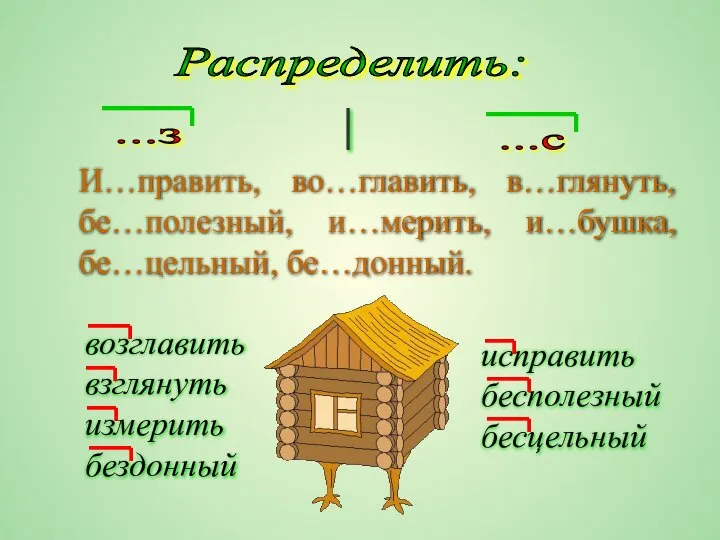 Распределить: ...з И…править, во…главить, в…глянуть, бе…полезный, и…мерить, и…бушка, бе…цельный, бе…донный. возглавить