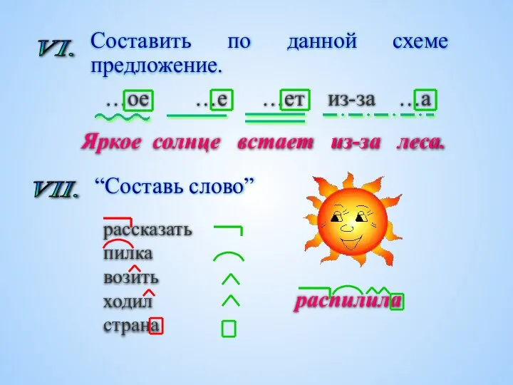 VI. Составить по данной схеме предложение. …ое …е …ет из-за …а