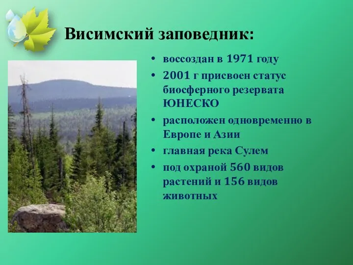 Висимский заповедник: воссоздан в 1971 году 2001 г присвоен статус биосферного