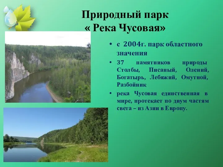 Природный парк « Река Чусовая» с 2004г. парк областного значения 37