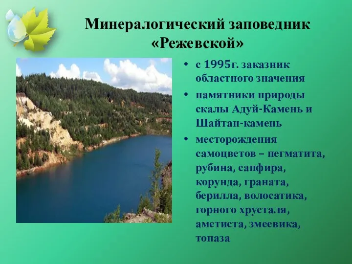 Минералогический заповедник «Режевской» с 1995г. заказник областного значения памятники природы скалы