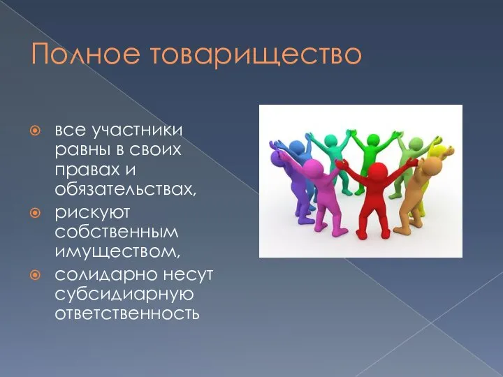 Полное товарищество все участники равны в своих правах и обязательствах, рискуют